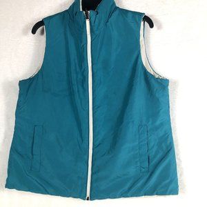 Merona Womens Size Large Reversible Puffer Vest Cream Teal Full Zip Pockets Cute
